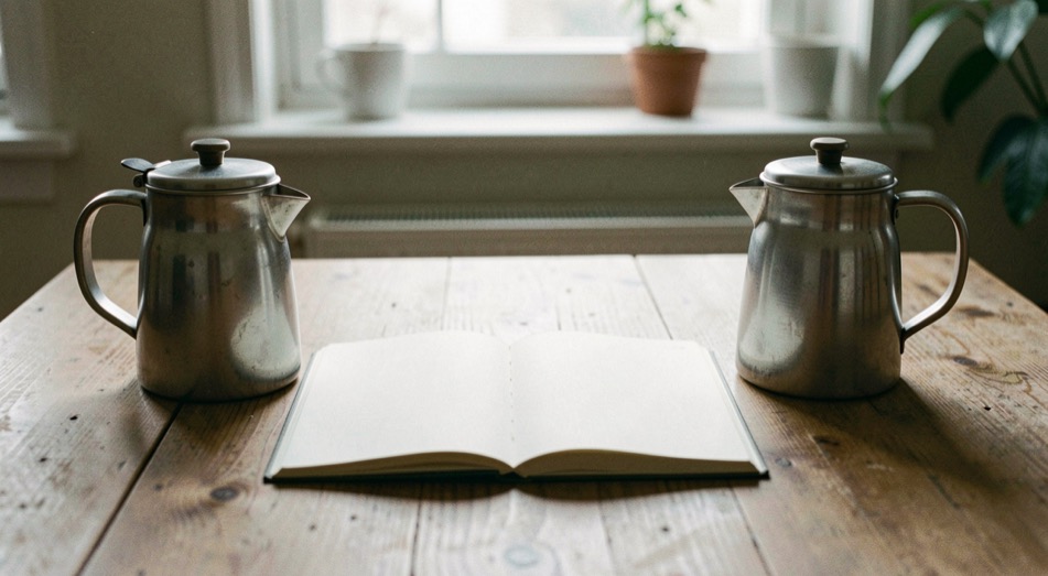 To kaffekopper står på hver sin side af et bord med en åben notesbog imellem sig i blødt dagslys; ingen synlig tekst, ingen logoer og ingen skærmbilleder, en rolig dokumentarisk scene med plads omkring motivet