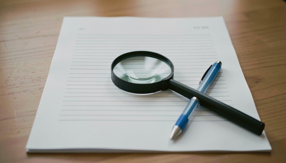 Et forstørrelsesglas ligger over et neutralt dokument med markerede linjer og en blå pen; ingen synlig tekst, ingen logoer og ingen skærmbilleder, en rolig dokumentarisk scene med plads omkring motivet