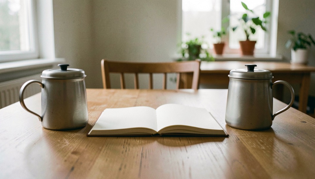 To kaffekopper står på hver sin side af et bord med en åben notesbog imellem sig i blødt dagslys; ingen synlig tekst, ingen logoer og ingen skærmbilleder, en rolig dokumentarisk scene med plads omkring motivet