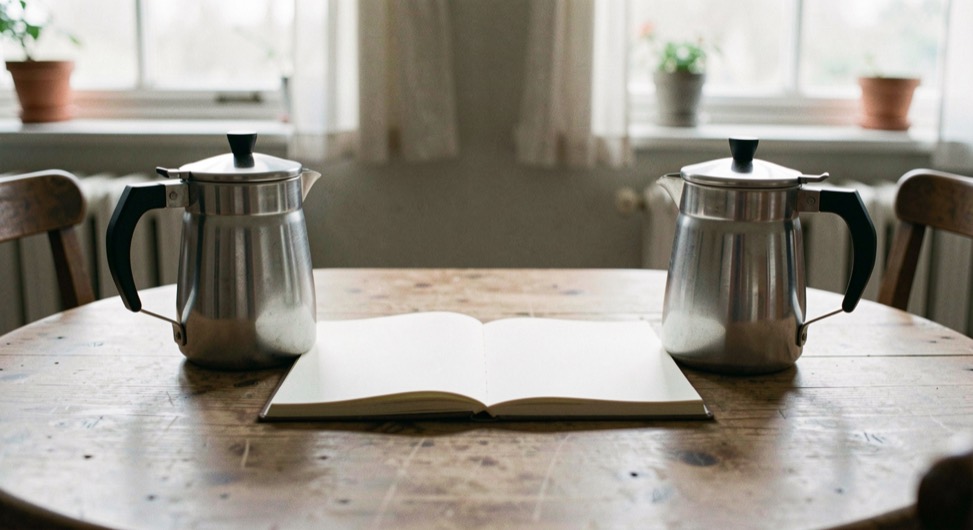 To kaffekopper står på hver sin side af et bord med en åben notesbog imellem sig i blødt dagslys; ingen synlig tekst, ingen logoer og ingen skærmbilleder, en rolig dokumentarisk scene med plads omkring motivet