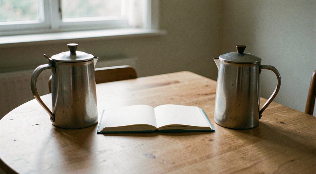 To kaffekopper står på hver sin side af et bord med en åben notesbog imellem sig i blødt dagslys; ingen synlig tekst, ingen logoer og ingen skærmbilleder, en rolig dokumentarisk scene med plads omkring motivet