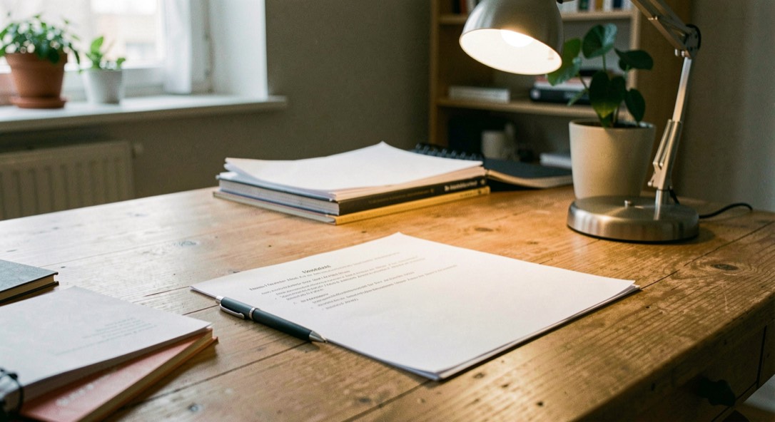 Et arbejdsbord med kildelinks på papir, en blyant og en lille lampe viser en rolig redaktionel arbejdsproces; ingen synlig tekst, ingen logoer og ingen skærmbilleder, en rolig dokumentarisk scene med plads omkring motivet